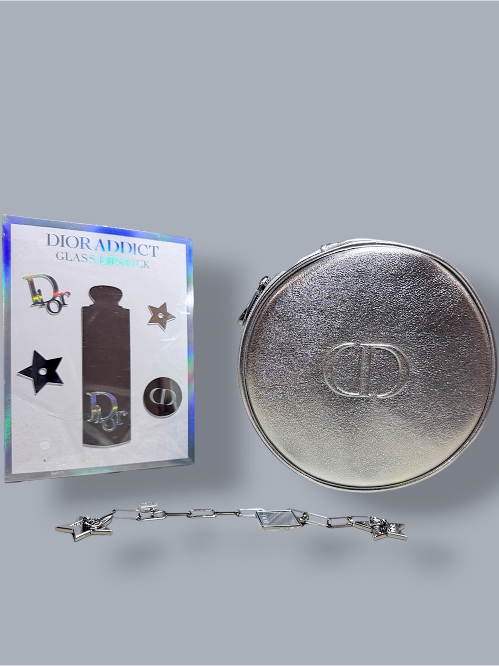 Dior Beauty Silver Round Pouch, Phone Charm & Glass Stickers GWP Set